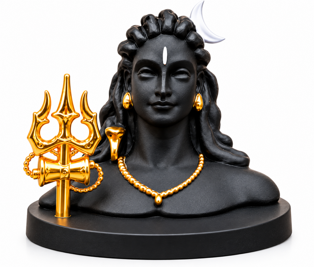 Matte black Adiyogi resin bust statue with golden trishul accents
