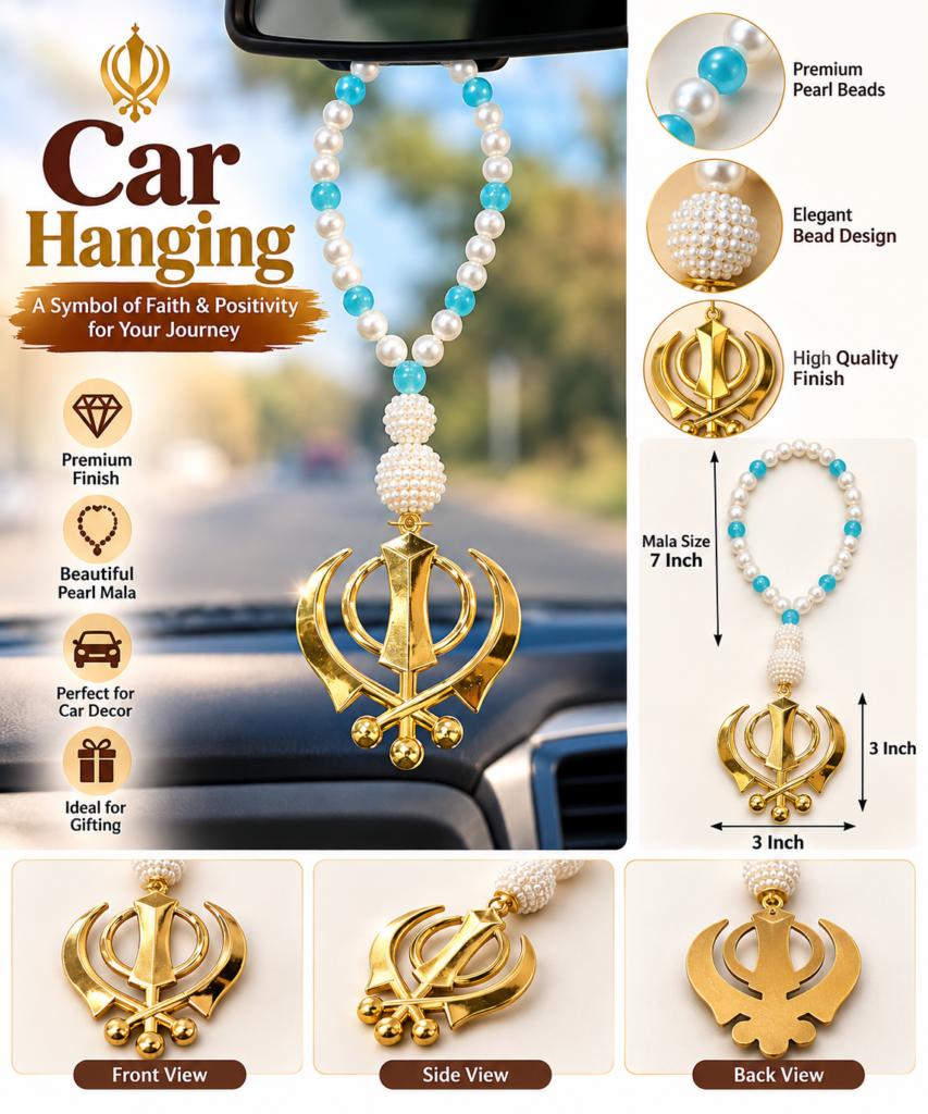 White and turquoise pearl-bead Car Hanging Khanda Mala with gold Khanda pendant