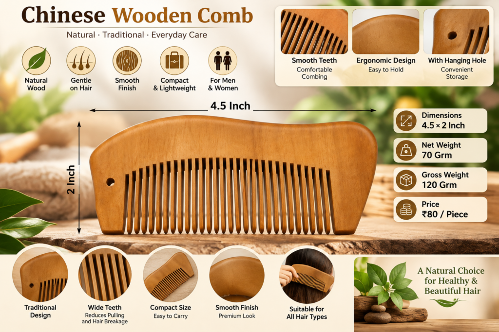 Chinese natural wooden comb product infographic showing dimensions and features