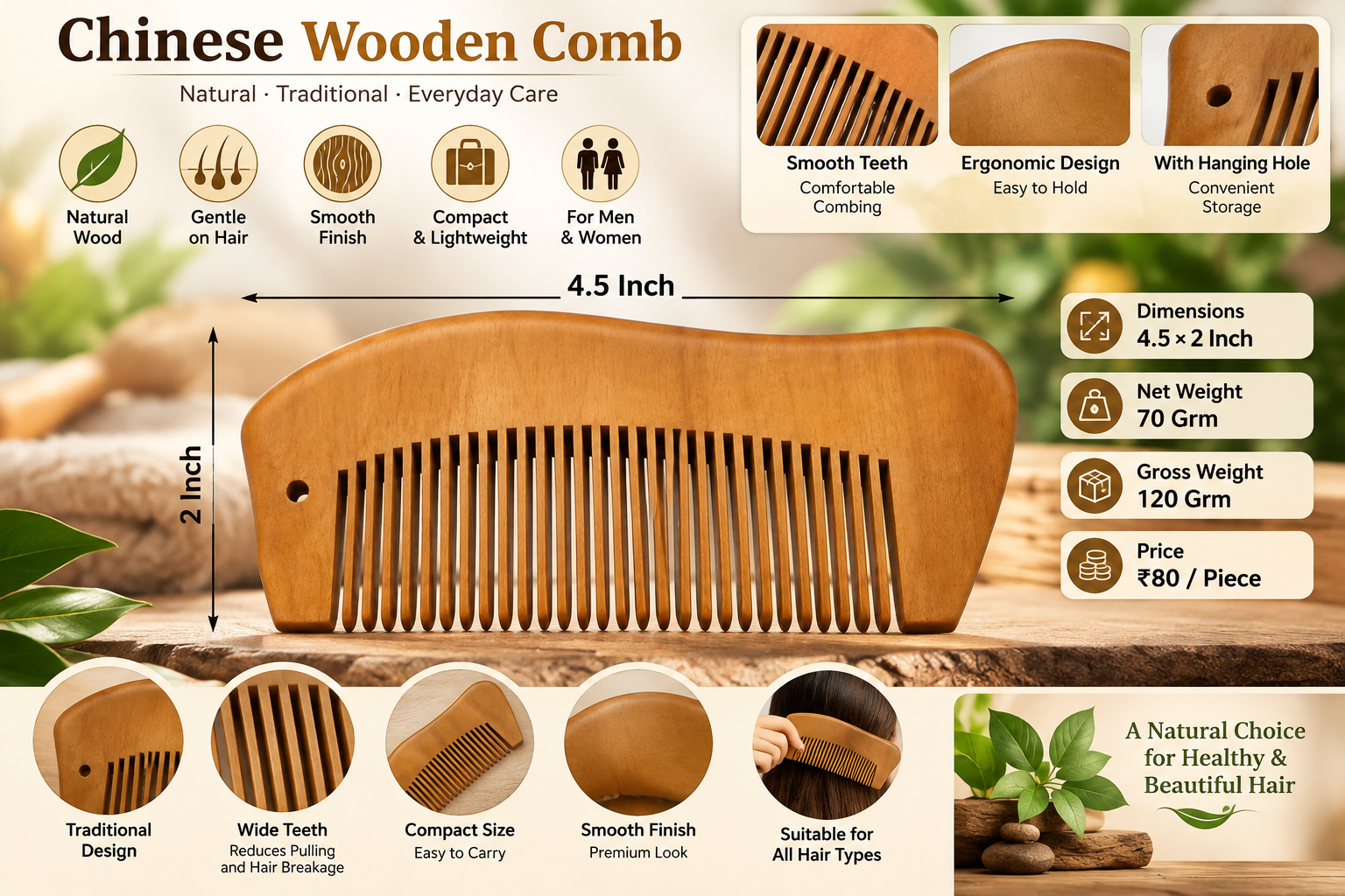 Chinese natural wooden comb product infographic showing dimensions and features
