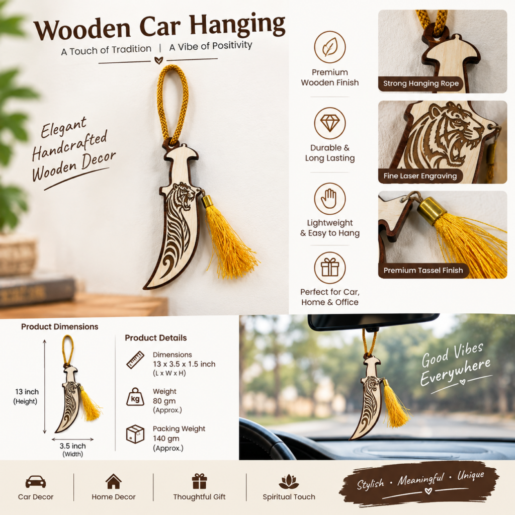 Handcrafted wooden tiger car hanging ornament product infographic