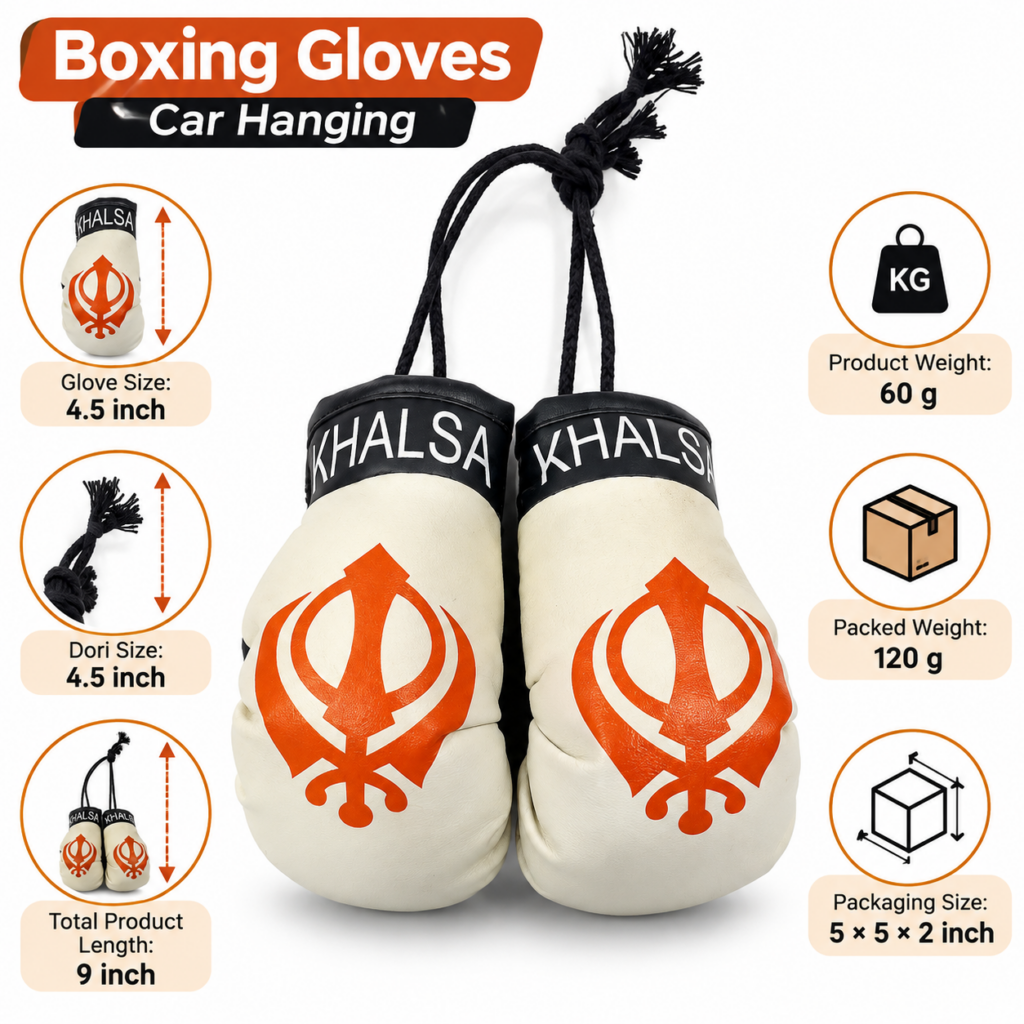 Cream miniature Khalsa boxing gloves car hanging with orange Khalsa symbols and black cord