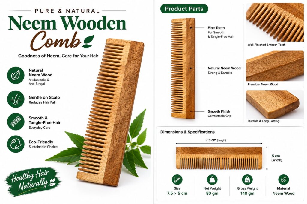 Neem wooden comb product infographic showing dimensions and material
